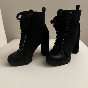 Fashion Nova Black Lace-Up Chunky Heel Boots